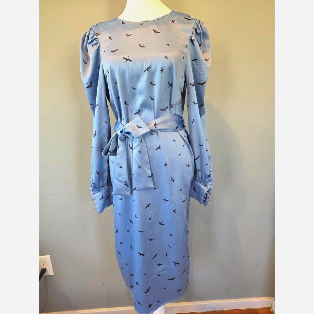 H&M Blue Satin Midi Dress Old Hollywood Glam Wedding Guest Cocktail Size 8